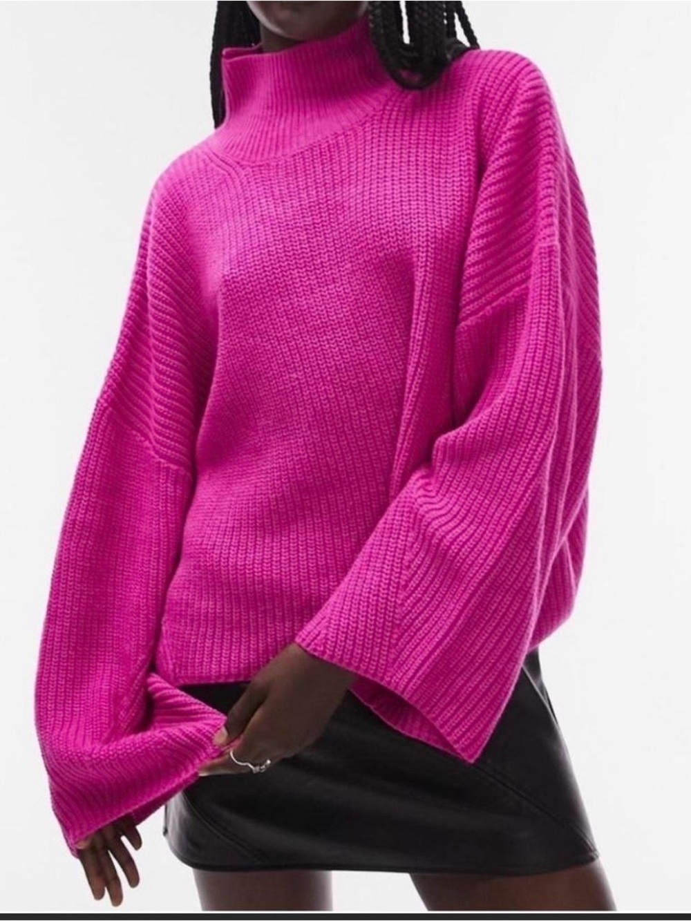 TOPSHOP Bright Pink Funnel Neck Ribbed Sweater NWT size medium